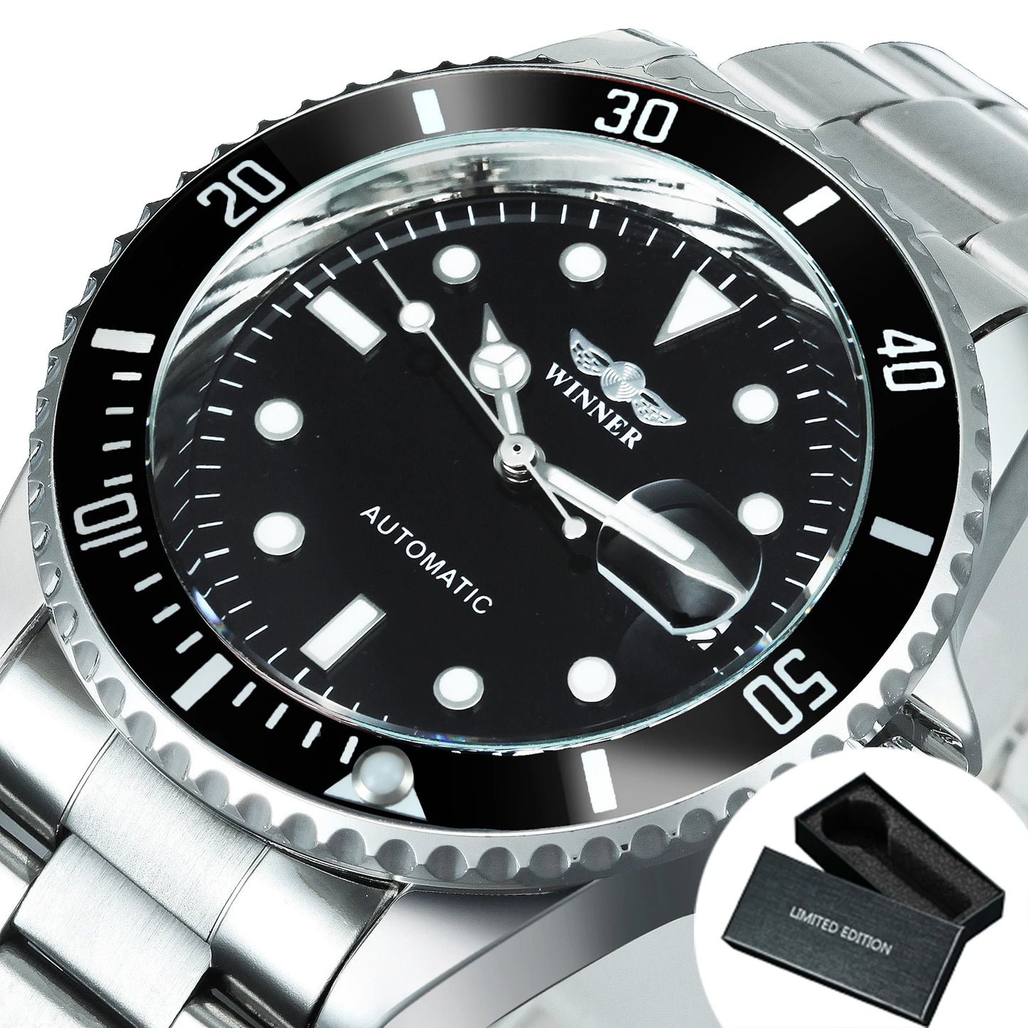 WINNER Classic Mechanical Watches Luxury Brand Business Automatic Watch for Men Rotatable Bezel Luminous Dial Steel Strap Clock