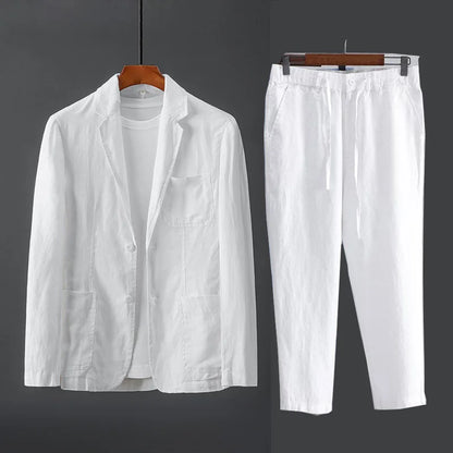 High Quality Men Blazer Jacket and Pants Man Linen Blazer  2 Piece Suit Spring Summer Thin Style Fashion Casual Set Long Sleeve
