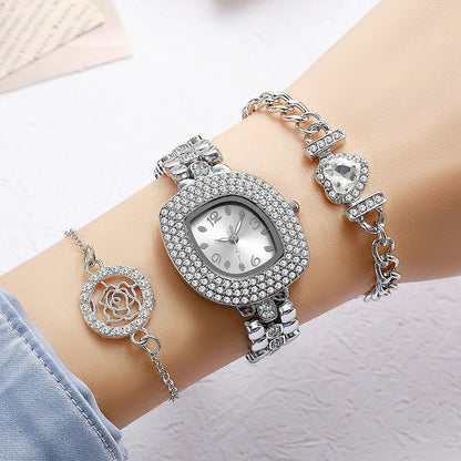 Luxury Silver Rhinestone Watch & Jewelry Set - Square Crystal-Encrusted Dial Watch, Rose & Heart Charm Bracelets, Elegant Access