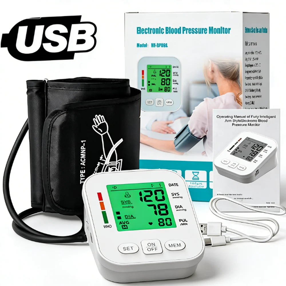 3 Color Backlight Blood Pressure Monitor Upper Arm Pressure Device Automatic BP 36cm Cuff Machine for Medical Home Health Care