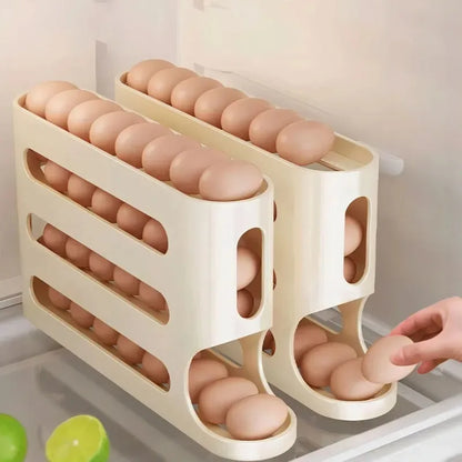 4 Layers Automatic Egg Holder Rack - Kitchen Fridge Egg Storage Organizer Dispenser Plastic Refrigerator Container