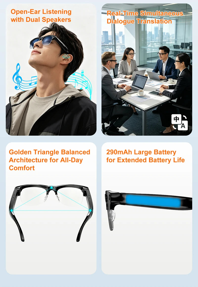 Semi-frame 1200W Pixel Camera Glasses with AI Voice Translation Smart Bluetooth Features Includes 3 Lense Travel Office