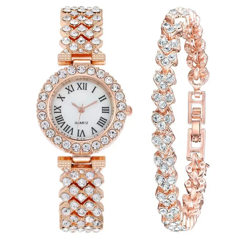 2PCS Women's Watch Fashion Rhinestone Ladies Analog Quartz Watches Bracelet Set Reloj Mujer Girls Clock Gift Relogio Feminino