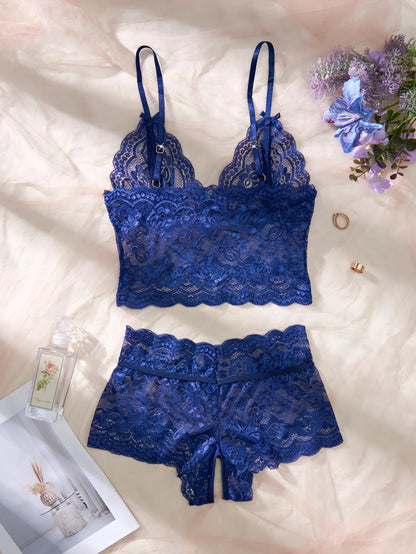 Women Black Open-Back Lace Two-Piece Panties Underwear Sleep Set