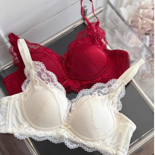 French Style Lace Satin Splice Bra Set Women Small Chest Gathered Lift Up Comfortable Soft Daily Underwear Lingerie Suit 32-38AB