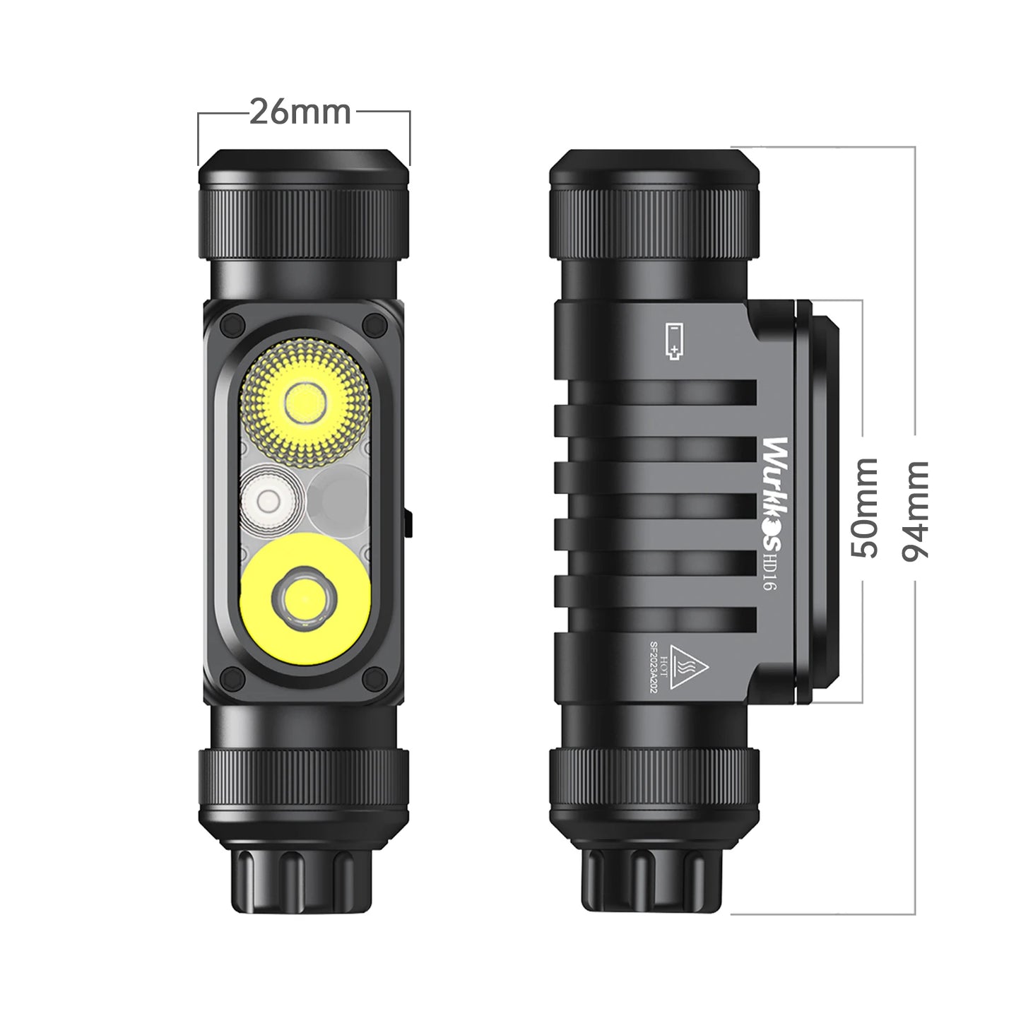 Wurkkos HD16 Headlamp 2500 lm featuring red and white light modes and a sensor powered by an 18650 battery with USB-C charging