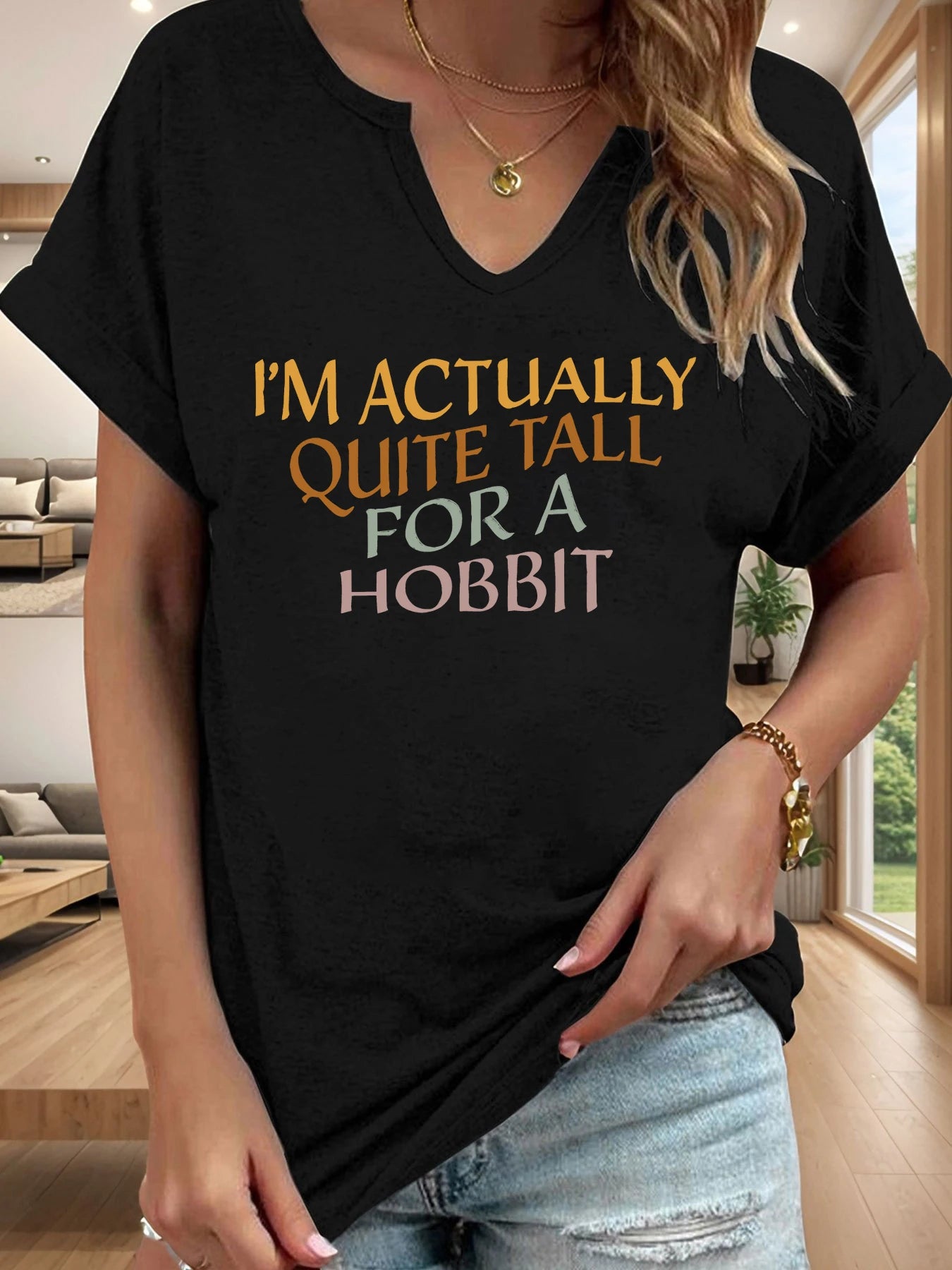I'm Actually Quite Tall for A Hobbit Letter Print Women T Shirt Short Roll-up Sleeve V-Neck Summer Casual Top T-shirts for Women