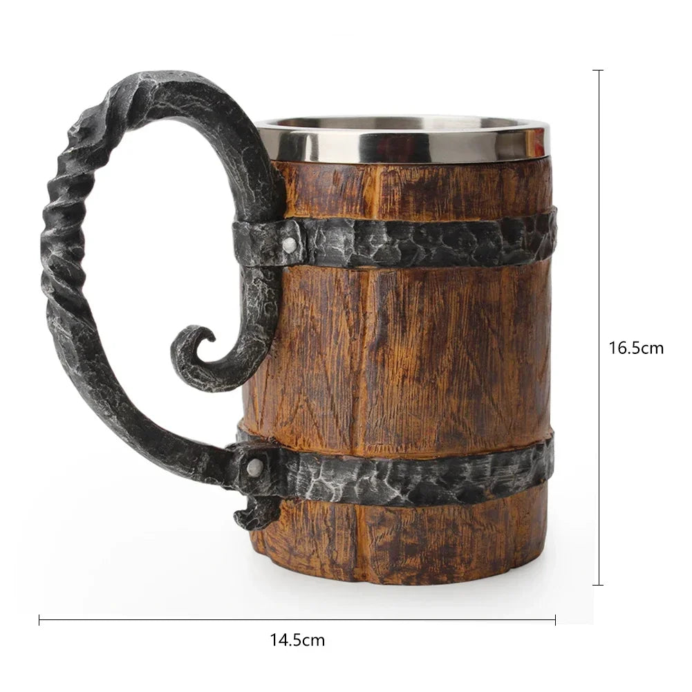 Viking Wood Style Beer Mug, Simulated Wooden Barrel Double Wall Metal Insulated Cup, 1Pc Bar Drinking Mug