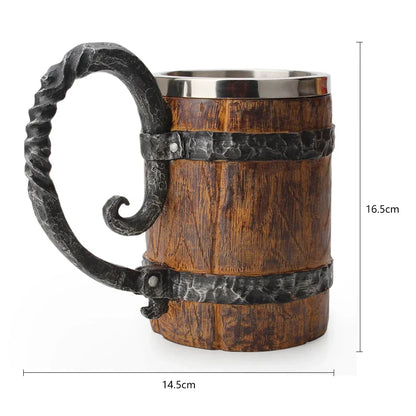 Viking Wood Style Beer Mug, Simulated Wooden Barrel Double Wall Metal Insulated Cup, 1Pc Bar Drinking Mug