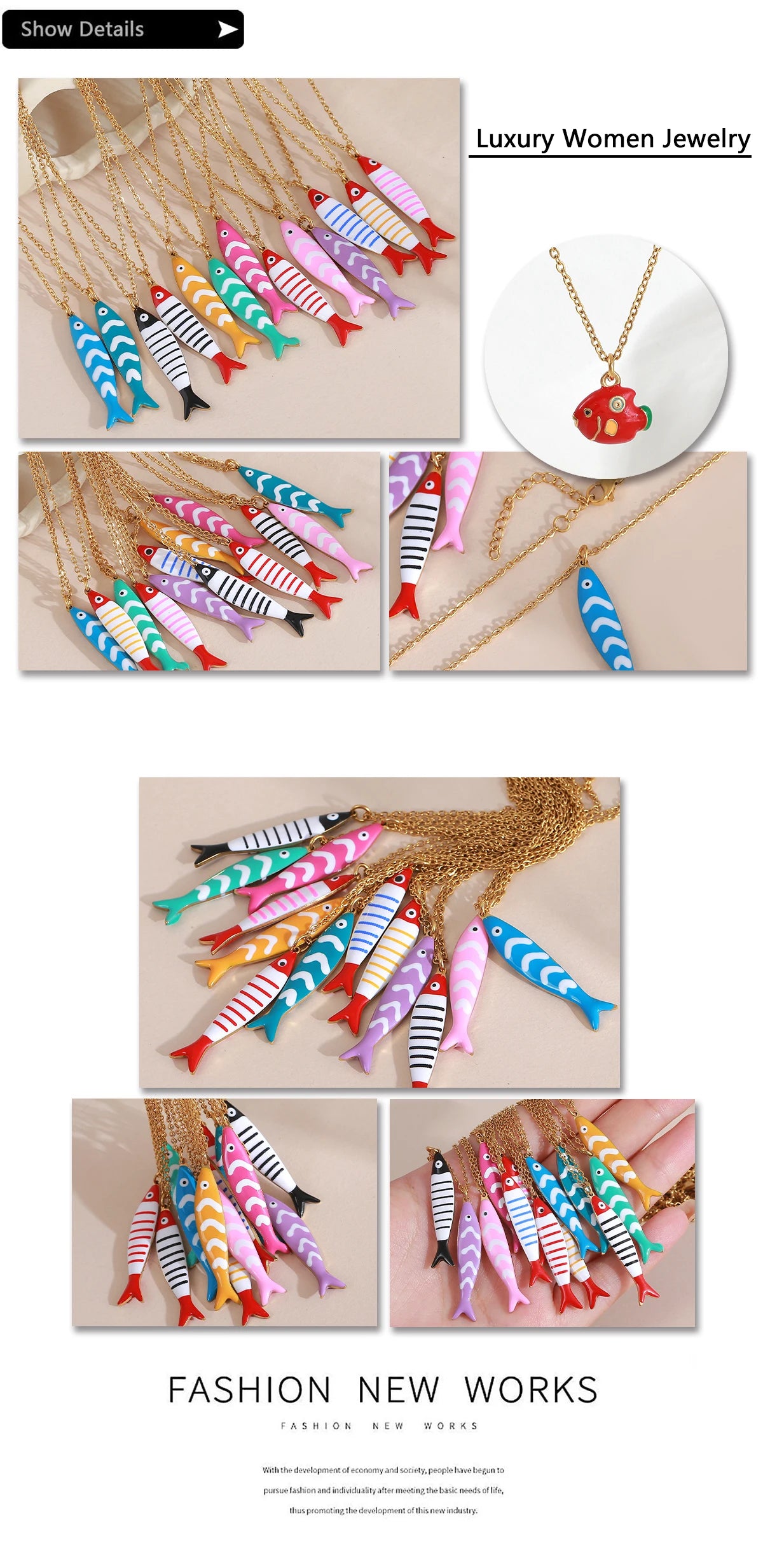 Cute Colorful Enamel Fish Pendant Necklaces For Women Girls Lovely Stainless Steel Gold Color Summer Waterproof Beach Jewelry