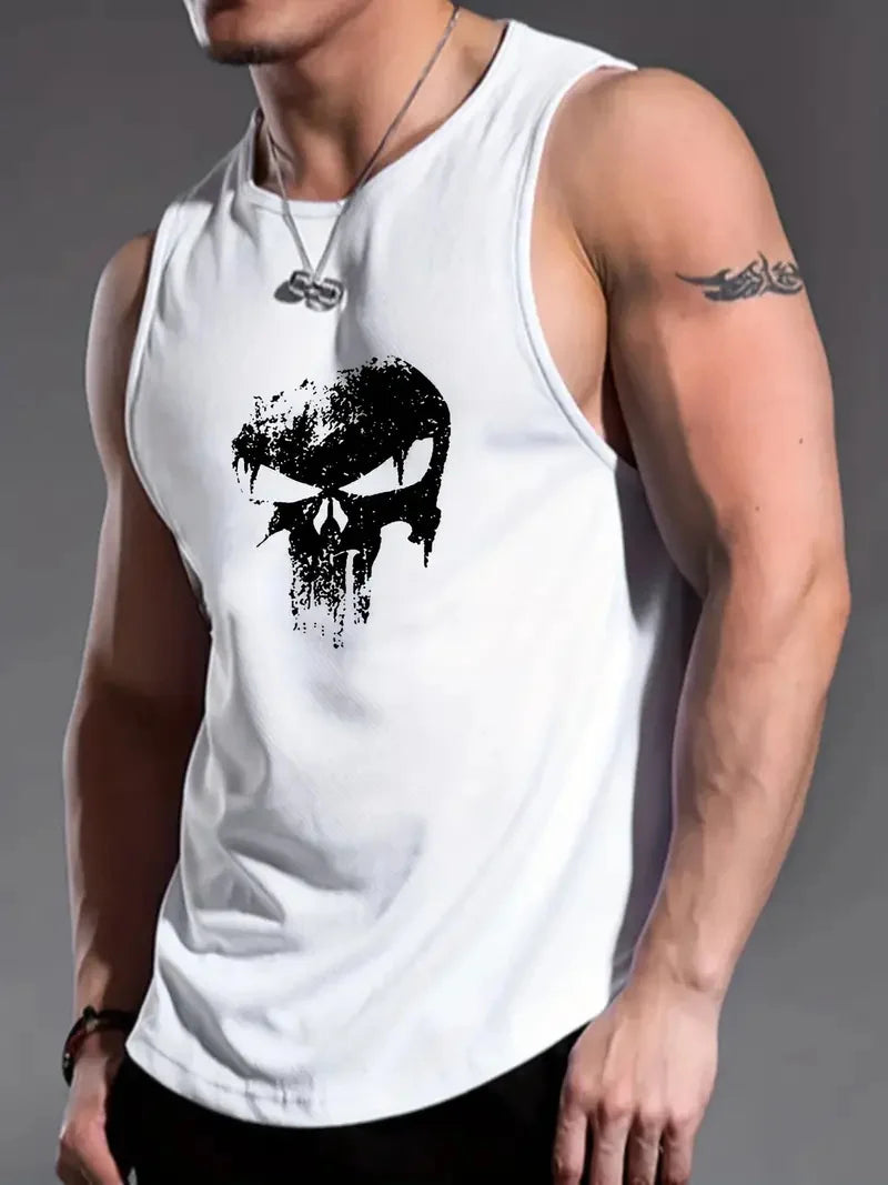 Men's Solid Color 3D Skull Print Sleeveless Round Neck Top For Daily Sports and Fitness Fashionable Round Neck Breathable Vest