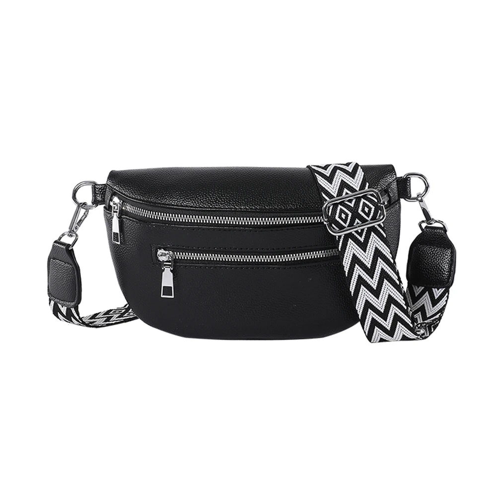 2024 Luxury Designer Women's Chest Bag PU Leather Wide Strap Shoulder Crossbody Bag Female Fashion Fanny Pack Banana Waist Bag