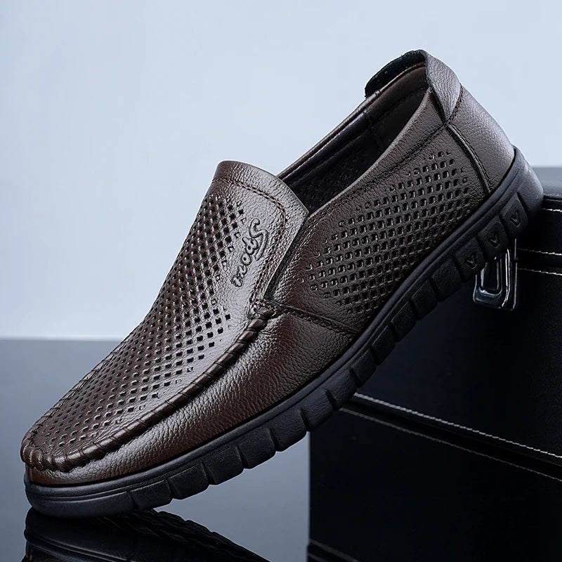 Men's Slip-On Loafers Summer Hollow Out Breathable Casual Shoes Comfortable Soft Sole Anti-Slip Leather Shoes-8822