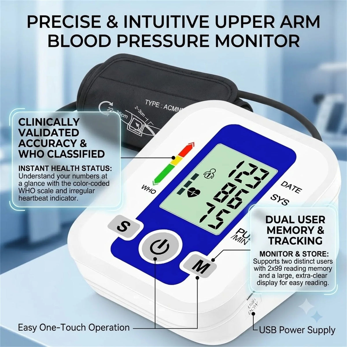 Automatic Arm Blood Pressure Monitor LCD Pressure Sensor Monitor BP Automatic Tonometer Digital Tensiometer LED Display Cuff
