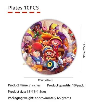 Brawl Stars Happy Birthday Party Supplies Set Cartoon Game Theme Tableware, Paper Plates & Backdrop Decorations for Celebrations