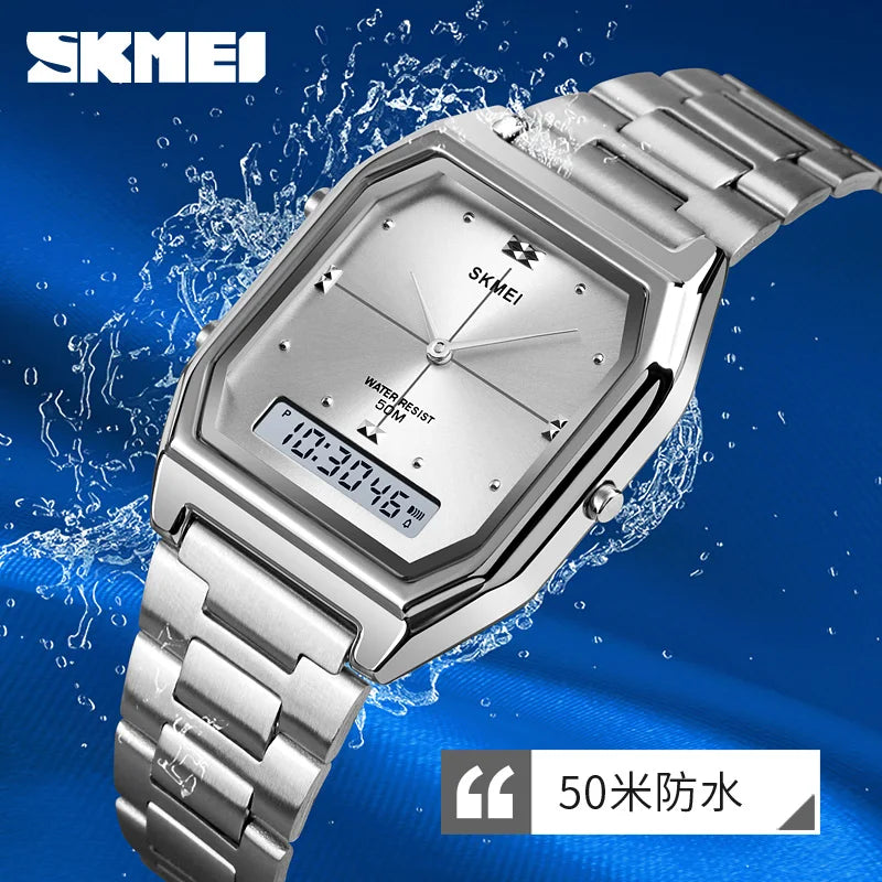 SKMEI Waterproof Stainless Steel Strip Digital Wristwatches For Men Women Alarm 3 Time Chrono Watches Fashion Electronics Watch