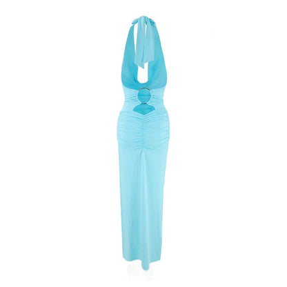 Summer Women's V-Neck Long Dresses Fashion High-Waisted Sexy Backless Sleeveless Solid Bodycon Gown Elegant Evening Party Outfit