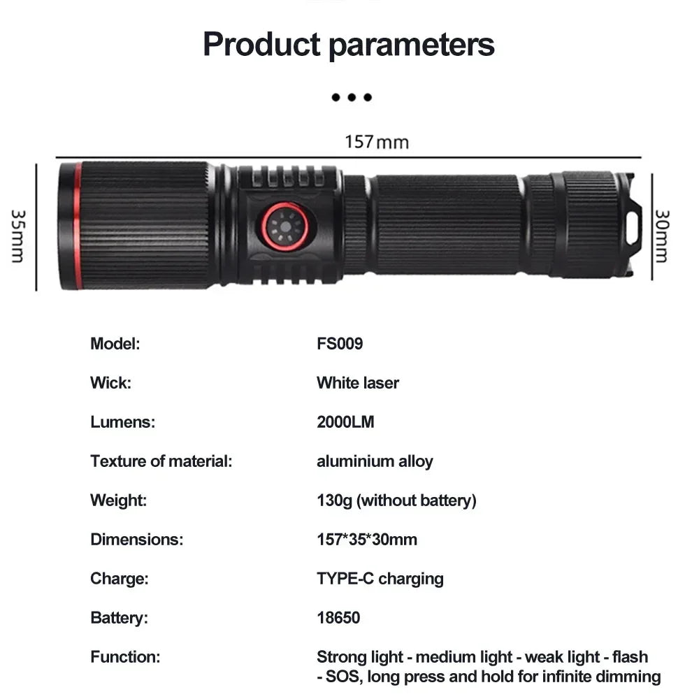 Aluminum Alloy White Laser Powerful LEP Flashlight 18650 or 21700 Battery Zoom Torch Light Lamp with Tail Rope Power Indicator
