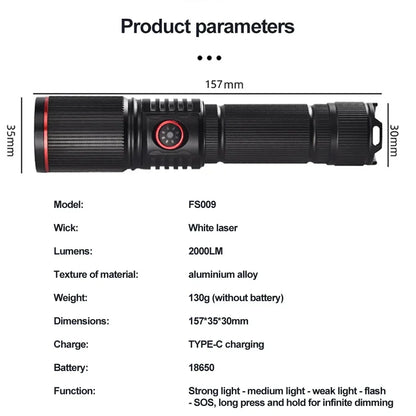 Aluminum Alloy White Laser Powerful LEP Flashlight 18650 or 21700 Battery Zoom Torch Light Lamp with Tail Rope Power Indicator