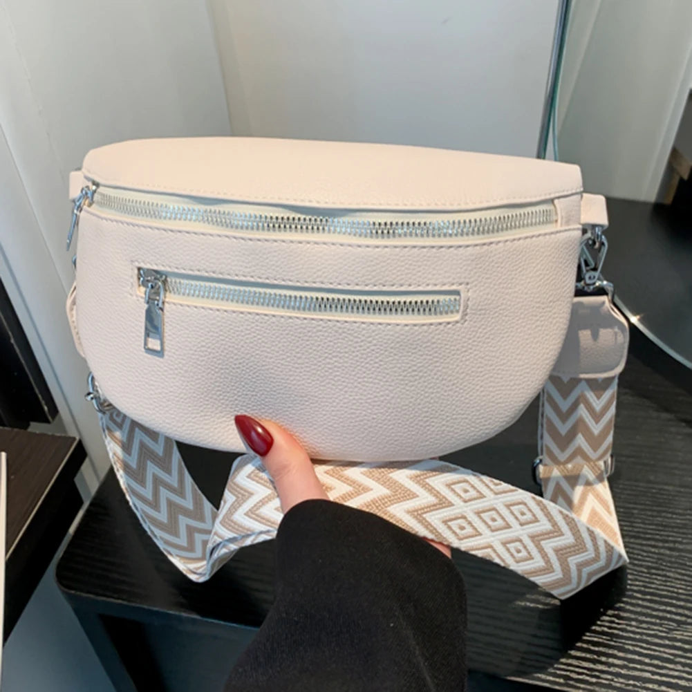 2024 Luxury Designer Women's Chest Bag PU Leather Wide Strap Shoulder Crossbody Bag Female Fashion Fanny Pack Banana Waist Bag