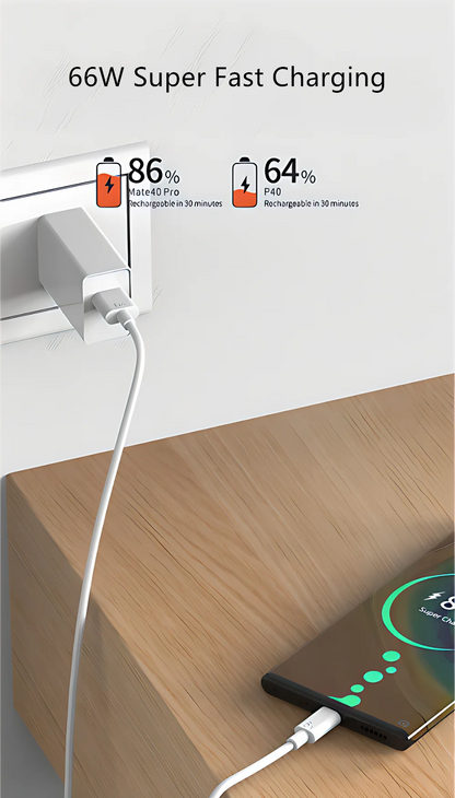 6A 66W Super Fast EU Wall Charger For Huawei Mate 40 50 60 P50 Nova 8 9 10 Honor 90 100 X7 X8 X9 Magic Type C Charging USB Cable