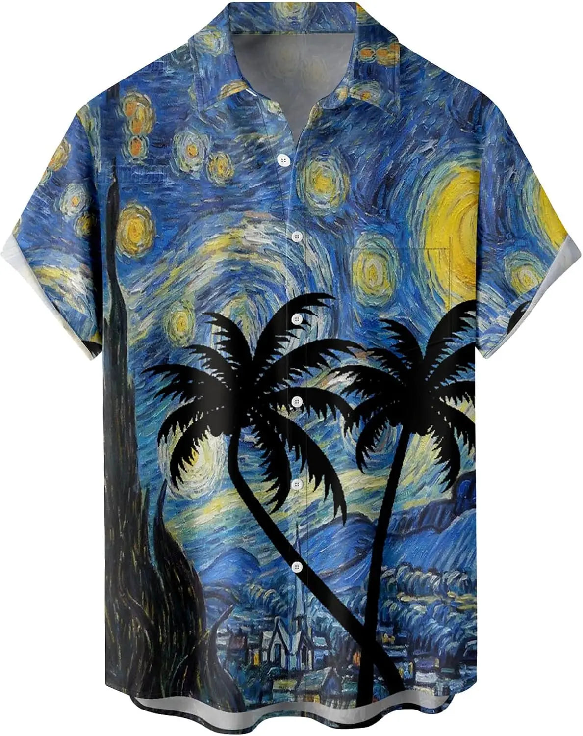 Summer Men's Gradient Sketch Coconut Tree 3D Printed Shirt, Vintage Hawaiian Tropical Quick Drying Loose Shirt
