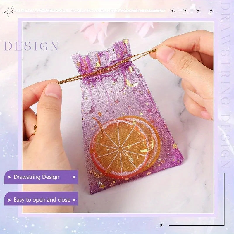 50PCS Moon Stars Drawstring Organza Bags Jewelry Gift Bags Pouches Gold Star Organza Favor Pouches for Christmas Wedding