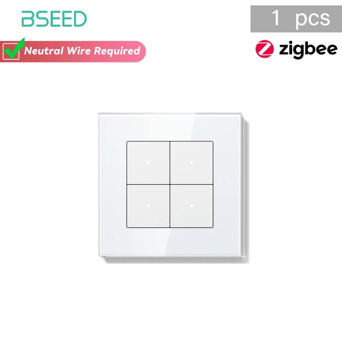 Bseed Zigbee Button Switchs Need Neutral Wire Tuya Smart Life Alexa App Control Glass Frame 86*86mm White Light Switch