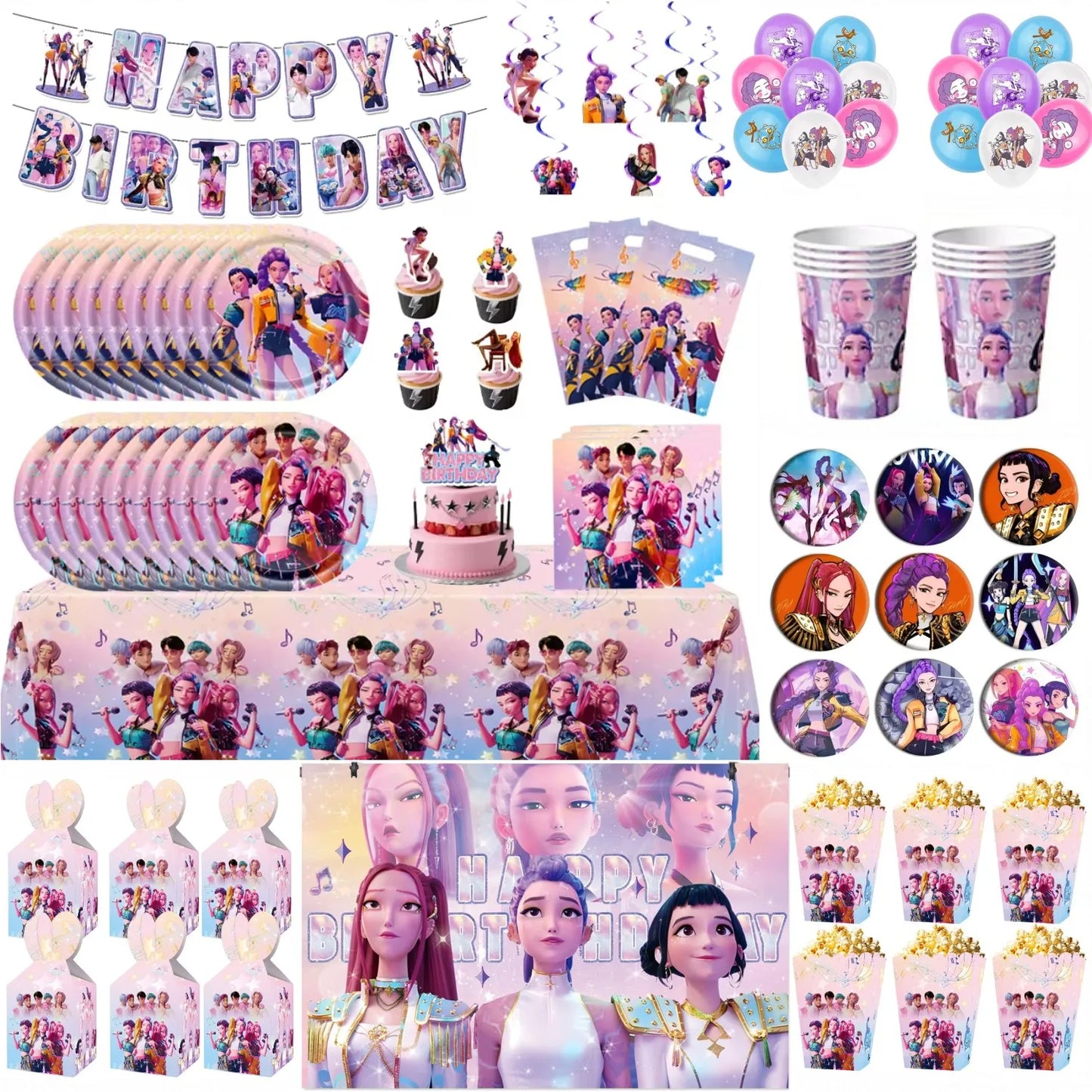 K-pop Kids Birthday Party Supplies All-in-One Decor Set-Paper Tableware Cups Candy Box Gift Bags Banner for Festive Celebrations