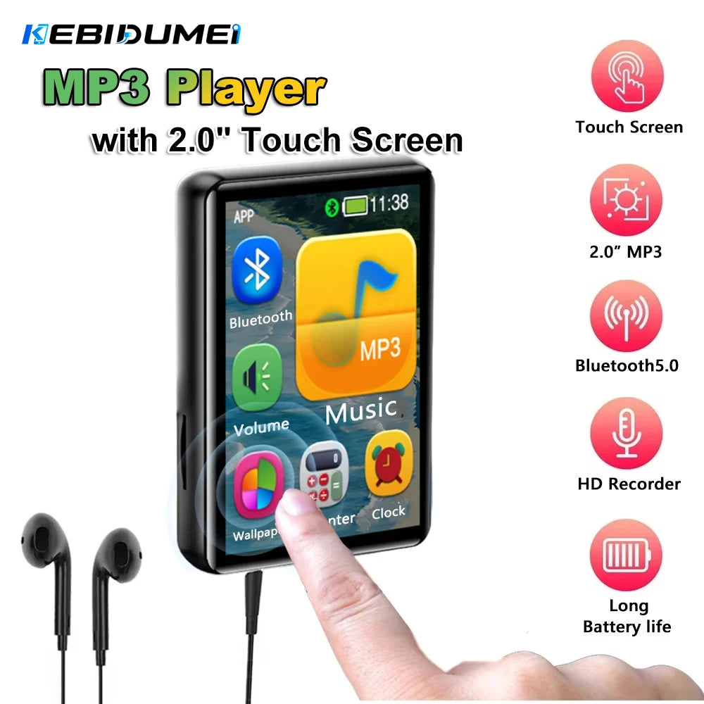 KEBIDUMEI MP3 Player with 2.0" Touch Screen Bluetooth Walkman for Music Player Support Photo Radio Alarm Video E-book Recorder