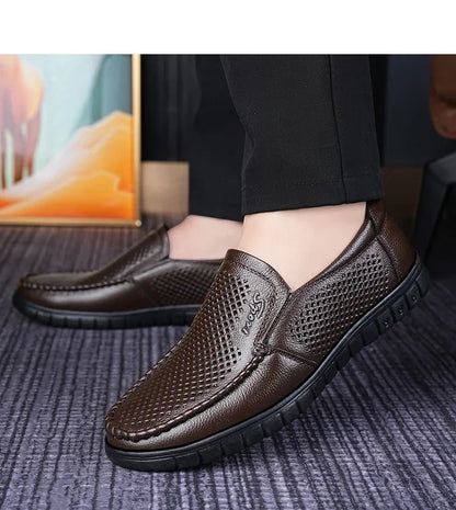 Men's Slip-On Loafers Summer Hollow Out Breathable Casual Shoes Comfortable Soft Sole Anti-Slip Leather Shoes-8822