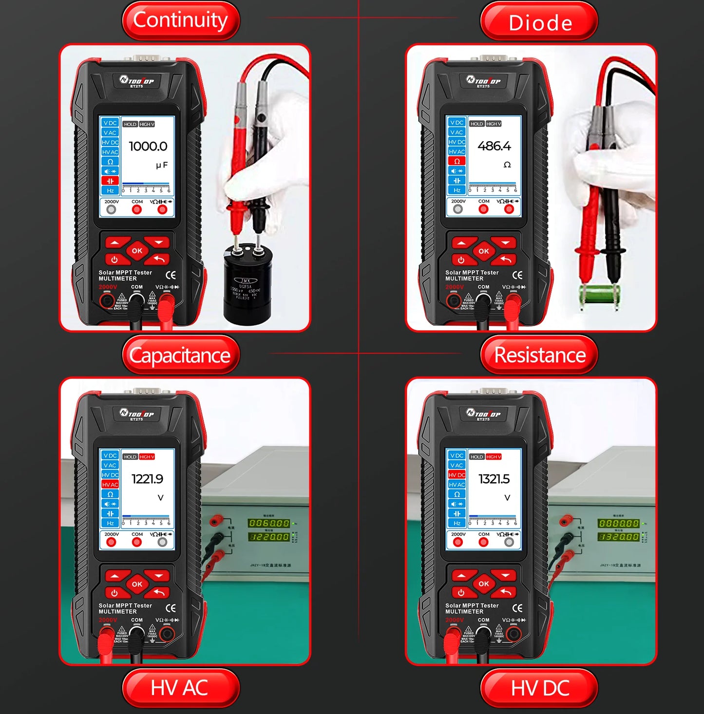 TOOLTOP 2000W Solar MPPT Power Tester 3.2 Inches 2KV 60000 Counts Multimeter Photovoltaic Solar Power Meter Pmax Voc Isc Test