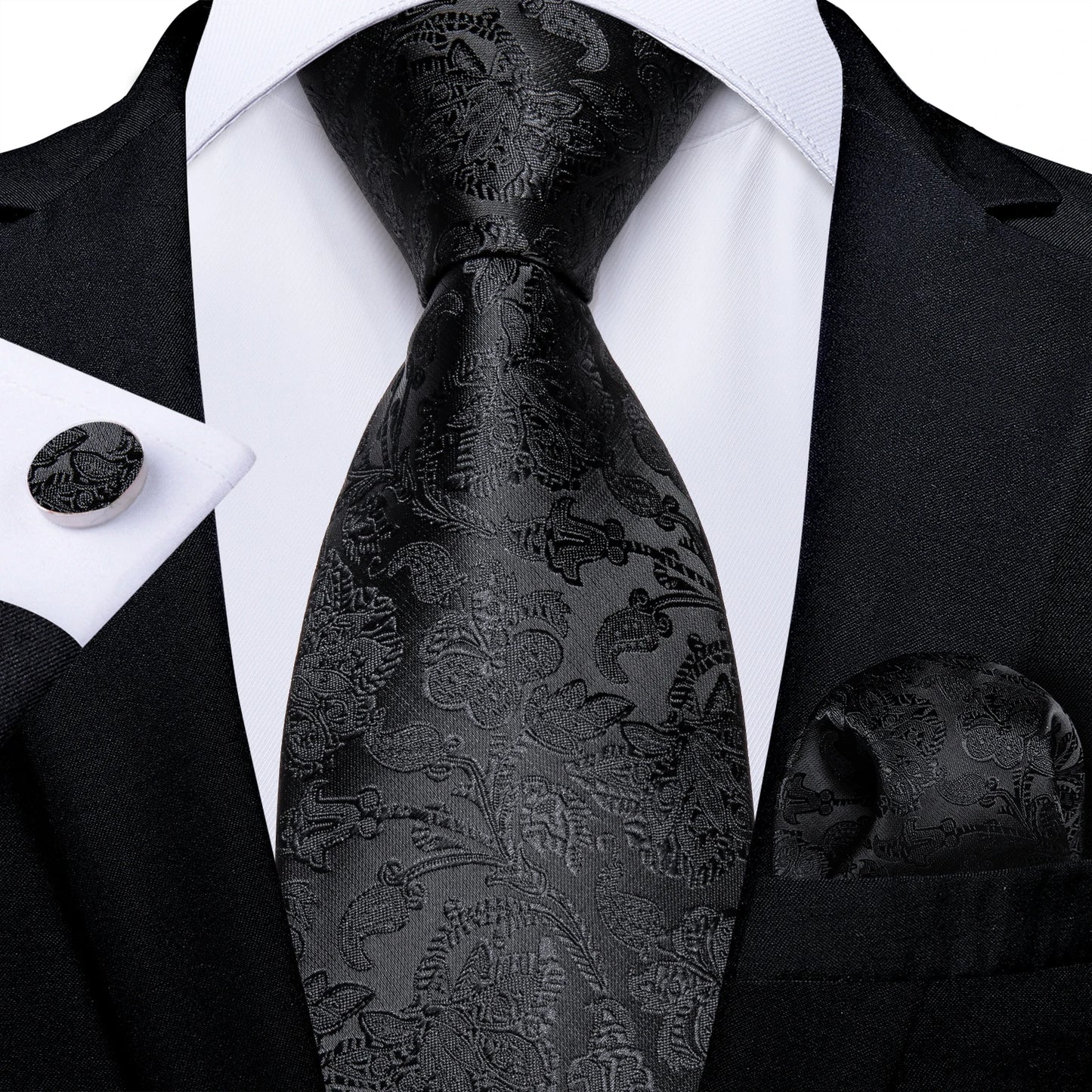 Black And Silver Paisley Floral Men's Ties Gray Blue Pink Wedding Accessories Neck Tie Set Handkerchief Cufflinks Gift For Men