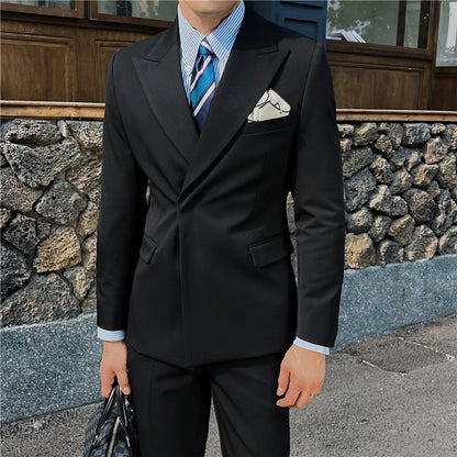 2024 Slim Fit Solid Color Suit Set British Style Fashion Handsome Light Luxury Two-Piece Ensemble