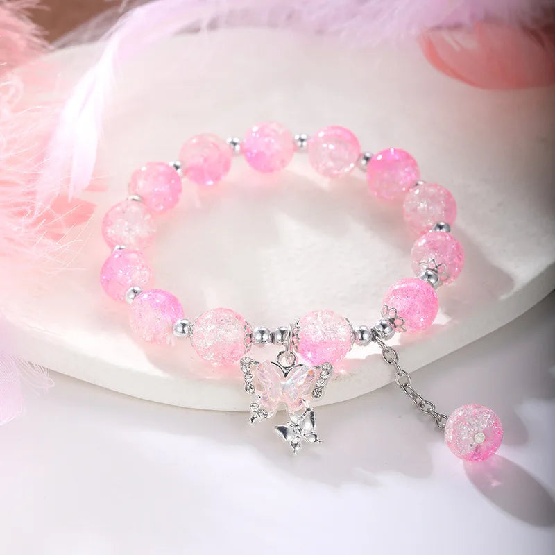 Bohemian Sweet Butterfly Beaded Bracelet for Women Girls Pink Color Imitation Jade Crystal Hand Jewelry Birthday Party Gifts