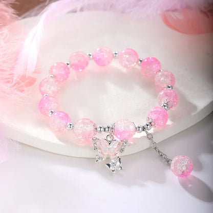 Bohemian Sweet Butterfly Beaded Bracelet for Women Girls Pink Color Imitation Jade Crystal Hand Jewelry Birthday Party Gifts