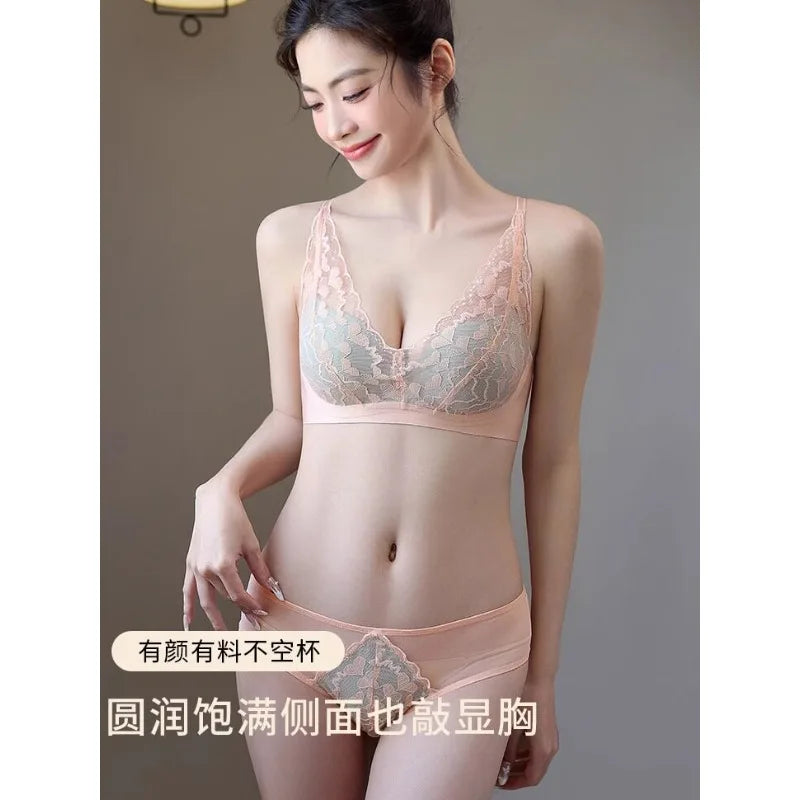 French Sexy Lace Bra and Panty Set for Women, Push Up Wireless Bralette, Comfortable & Breathable Small Chest, Bestseller MOYISU