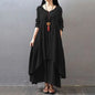 Irregular Button Women's Cotton and Linen Pocket Dress Korean Round Neck Short Sleeved Loose Solid Color Irregular Double-Layer