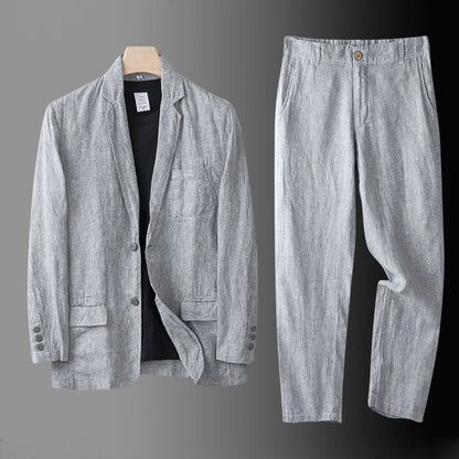 High Quality Men Blazer Jacket and Pants Man Linen Blazer  2 Piece Suit Spring Summer Thin Style Fashion Casual Set Long Sleeve