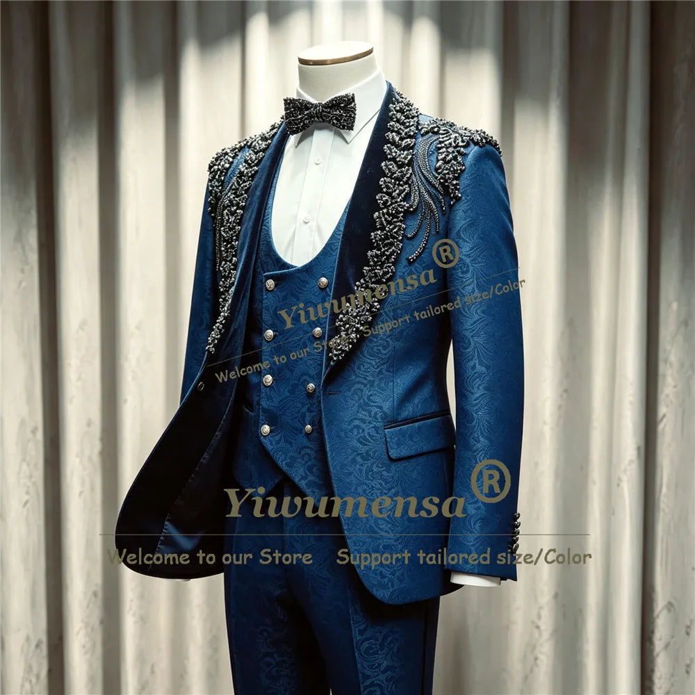Double Breasted 2 Pieces Wedding Attire Slim Fit Separates Mix Match Luxury Beaded Lapel Suits for Men Stage Formal Groom Tuxedo
