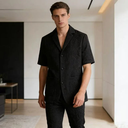 KIDWHXR Summer Man Suit Set Korean Thin Slim Short Sleeve Male 2-piece Outfit Men Single-breasted Blazer Elastic Waist Pant