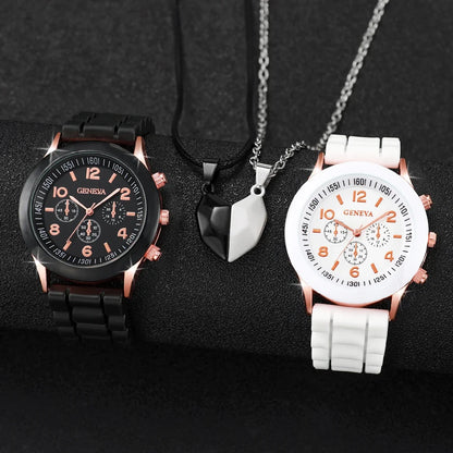 4 Pcs Fashion Couple Watches Casual Set Female Silicone Bracelet Male Wrist Watch Quartz Watch Female (Without Box)