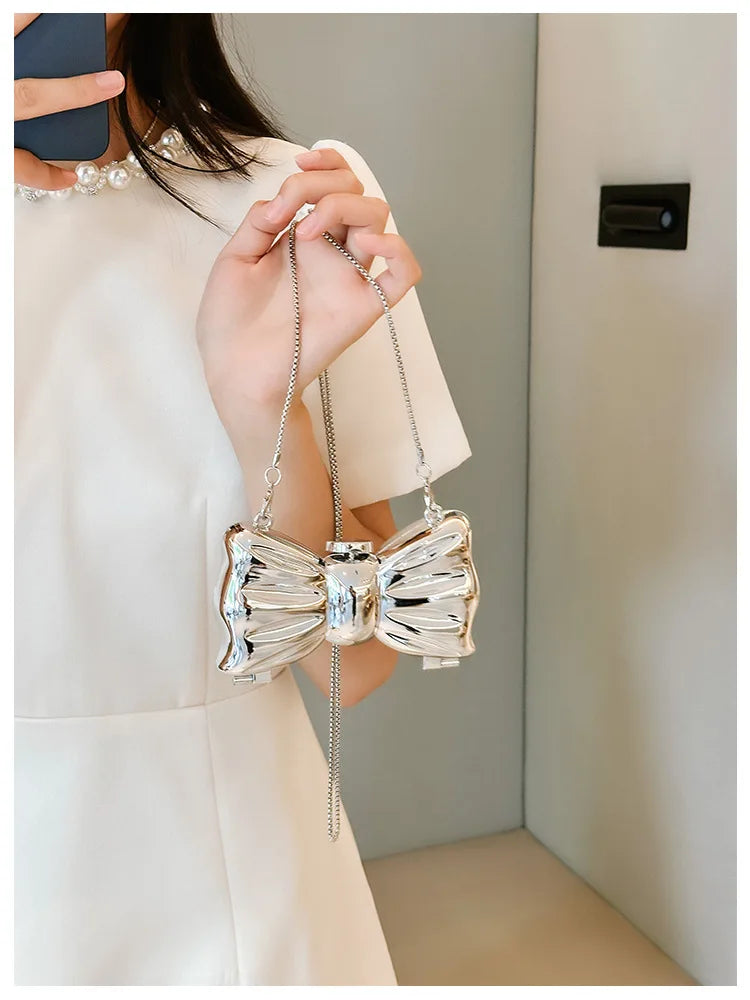 Luxury Designer Mini Bowknot Evening Bag for Women Girls Crossbody Handbag Chain Shoulder Bags Metal Purse for Party Wedding