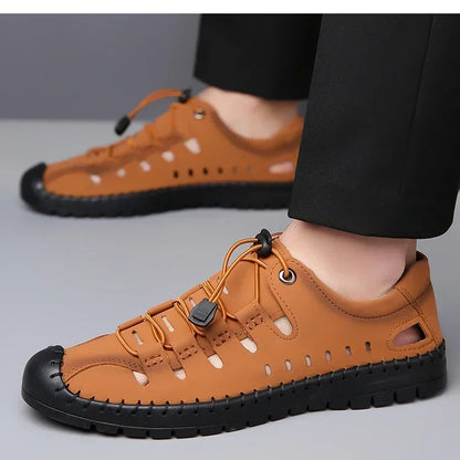 Men's Summer New Hollow out Breathable Leather Sandals Outdoor Anti-Slip Soft Bottom Casual Cover Toe Slip-On Shoes-8025
