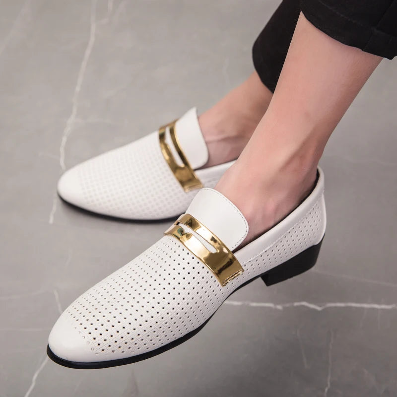 Men's summer hollow breathable double-layer casual shoes Men Slip on Wedding Dress Men's summer hollow breathable leather shoes