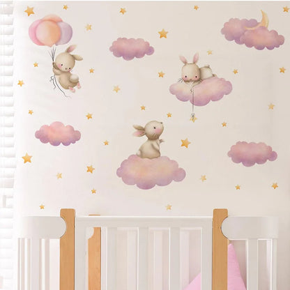 Cartoon Cute Rabbit Balloon Animal Wall Stickers Removable for Kids Room Living Room Nursery Background Decoration Wall Decals