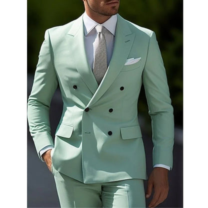 Sage Green Men's Wedding Suits Solid Color 2 Piece Daily Double Breasted Six-buttons Blazer Pants Formal Business Suit Set