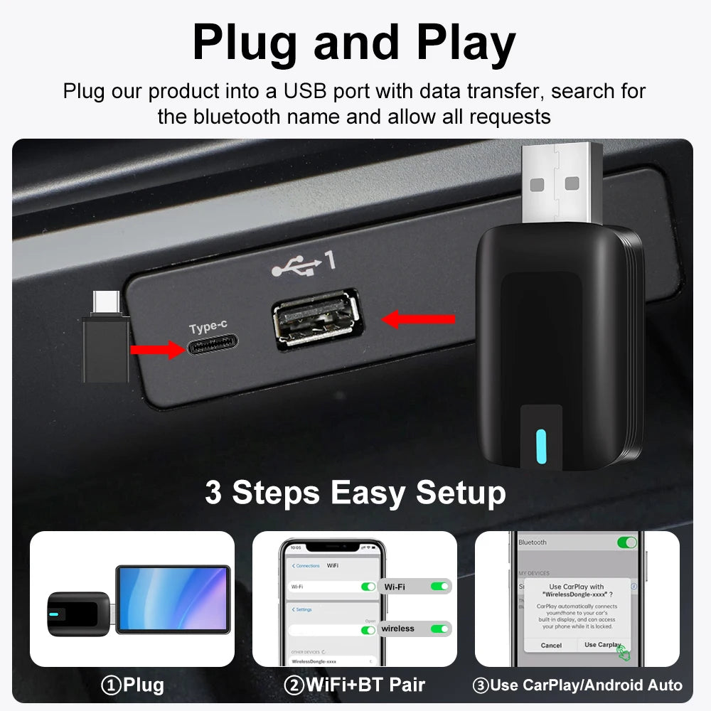 2 in 1 CarPlay Wireless Adapter Android Auto To USB car play Wireless Intelligent Systems Wireless Adapter Mini AI Box for Car