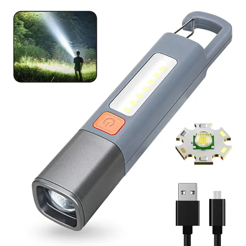 Mini Portable LED Strong Lighting ABS Flashlamp USB Rechargeable With Hook Zoomable Torch Outdoor Camping Hanging Emergency Lamp