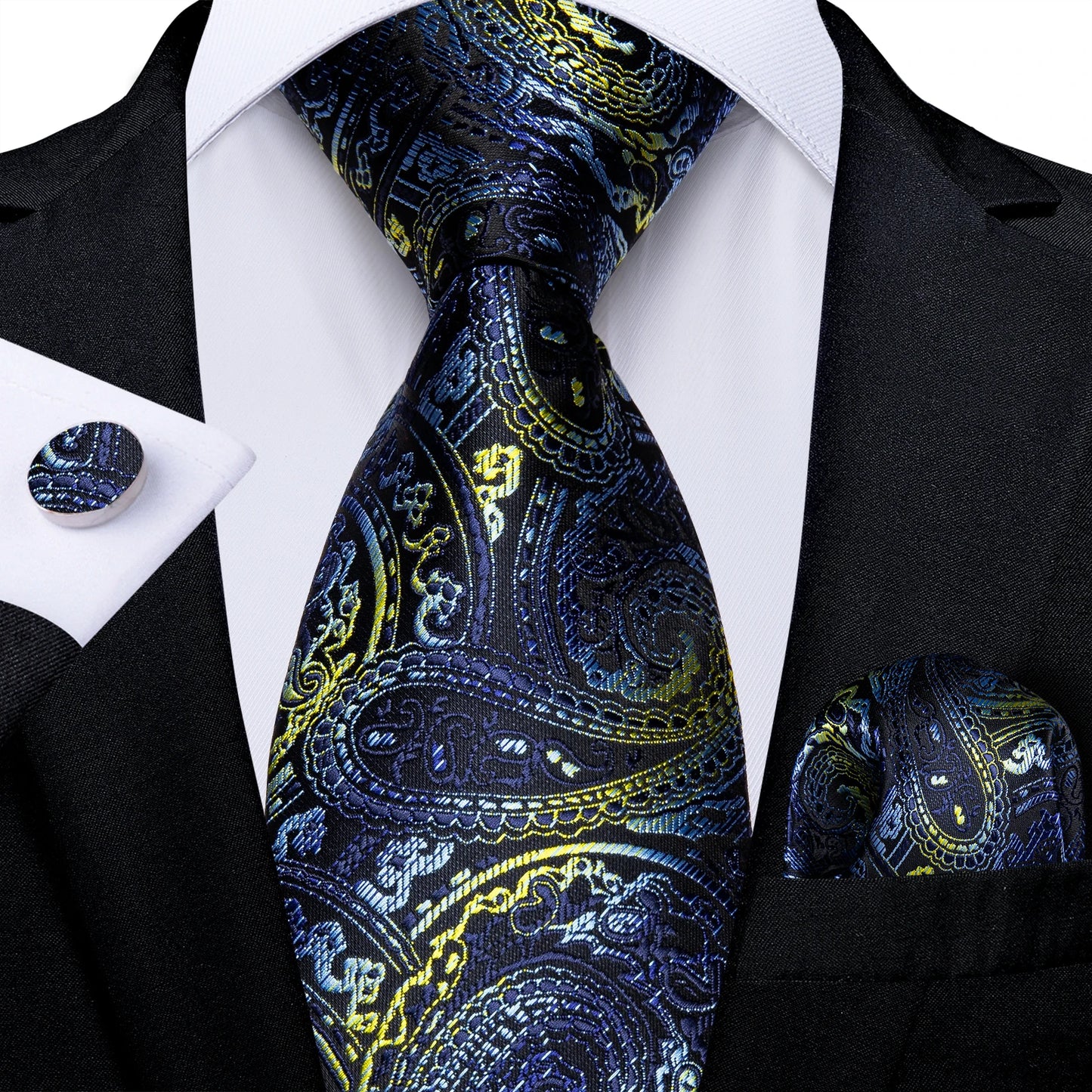 Black And Silver Paisley Floral Men's Ties Gray Blue Pink Wedding Accessories Neck Tie Set Handkerchief Cufflinks Gift For Men